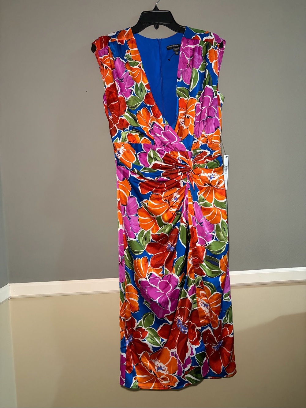 Maggy London Multicolor Floral Sheath Midi Dress NWT Ruched V-Neck Cocktail